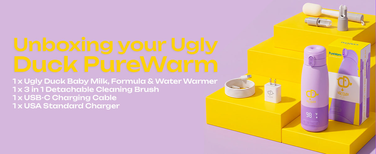 Promotional graphic for the Ugly Duck PureWarm product set on a lavender background, with yellow text listing included items and a yellow display stand holding a purple bottle, box, brush, and accessories.